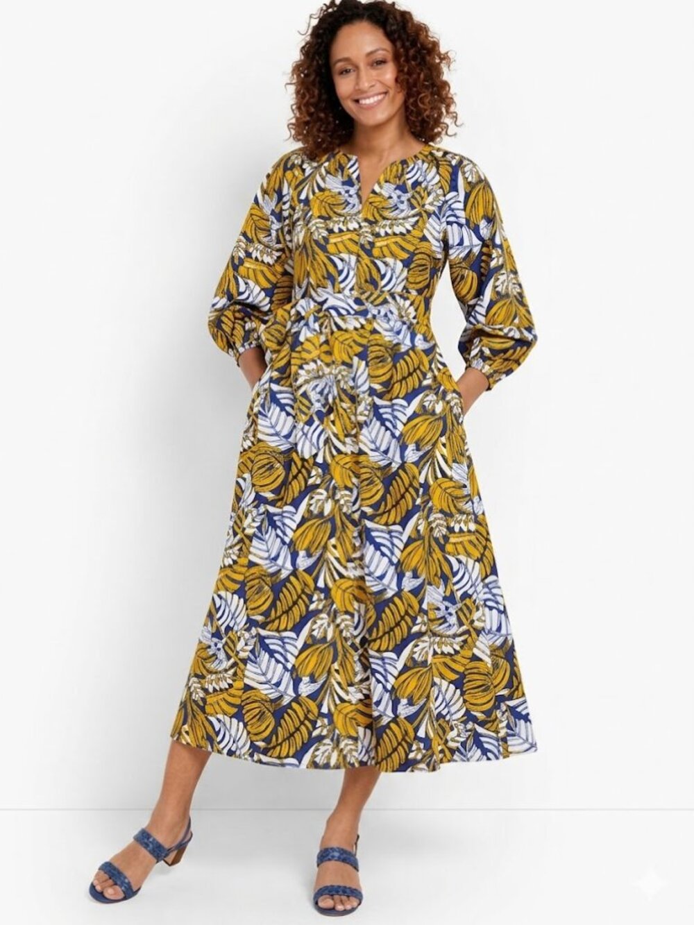 Talbots Botanical Leaf Print Midi Dress Mustard Gold Blue Long Sleeve Size 8
